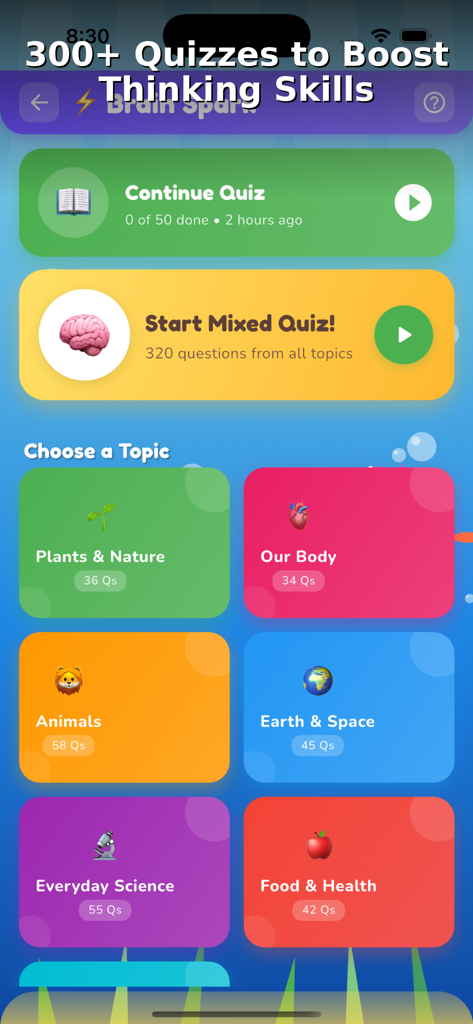 Kids Academy - Learn and Play - Menú de cuestionarios de aprendizaje de la aplicación Kids Academy mostrando temas educativos como plantas, animales y ciencia.