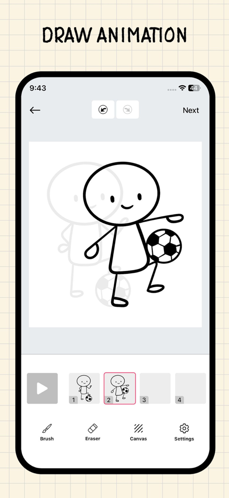 Pencil 2d - Draw & Animations - Pencil 2D mobile app interface showing a stick figure animation with onion skinning and frame timeline