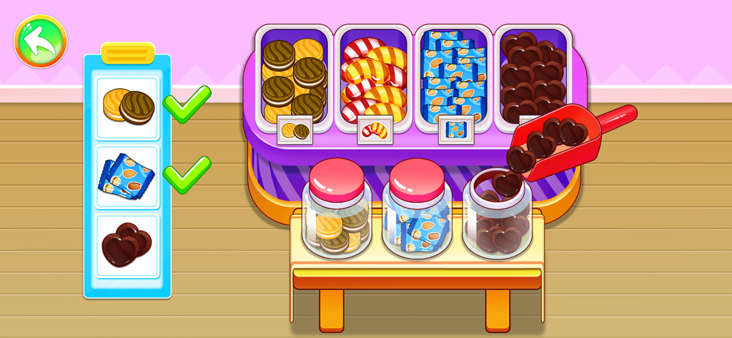 Supermarket Go Shopping - Educational game screen for kids showing candy sorting into jars based on a shopping list