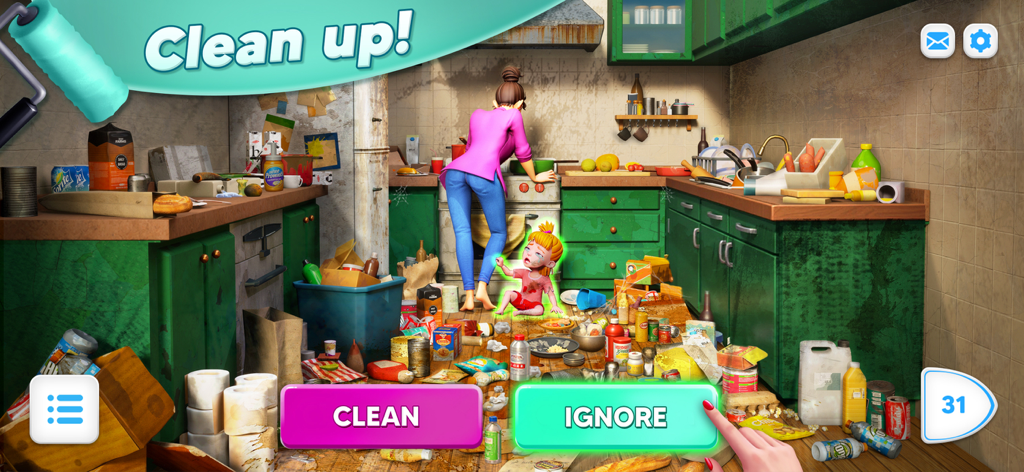 Modern Community - A gameplay screenshot of Modern Community showing a messy kitchen with a choice to clean or ignore the clutter