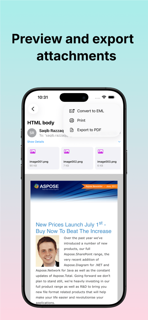 PST Mail Viewer - Interfaz de PST Mail Viewer para previsualizar y exportar archivos adjuntos de correo electrónico