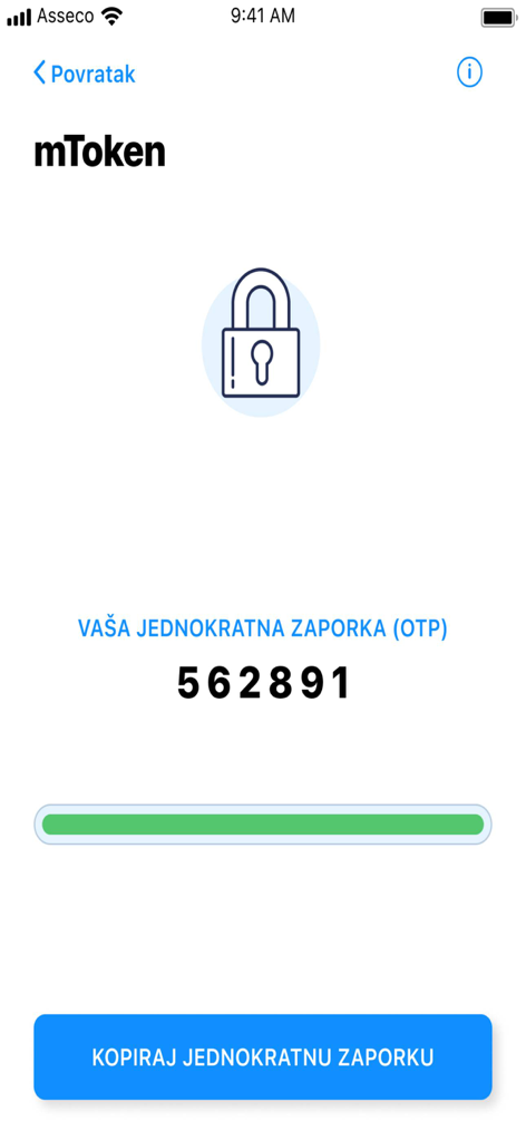 Fina e-Potpis Oblak - mToken screen in Fina e-Potpis Oblak showing a one-time password for 2FA authentication