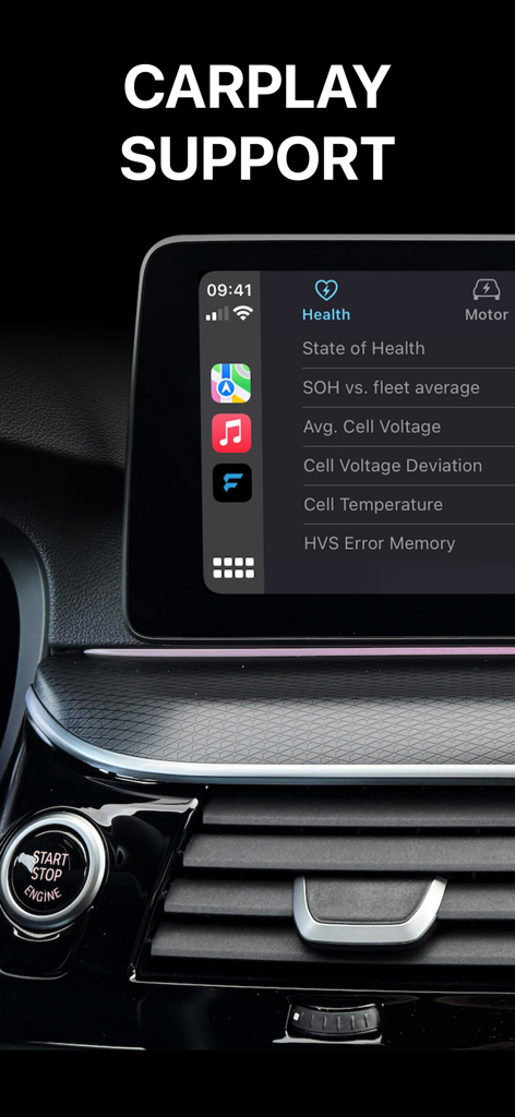 EVScanner battery health monitoring interface on a car dashboard via Apple CarPlay
