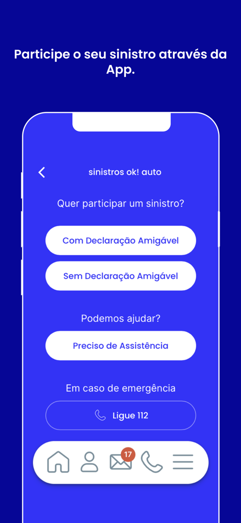 Interface para comunicação de sinistros de seguro de carro e solicitação de assistência no aplicativo ok seguros