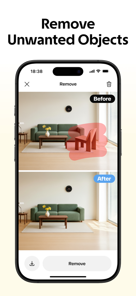 AI Decor - AI Home Design - Before and after comparison of using the AI object removal tool to clean up a living room by deleting an unwanted chair.