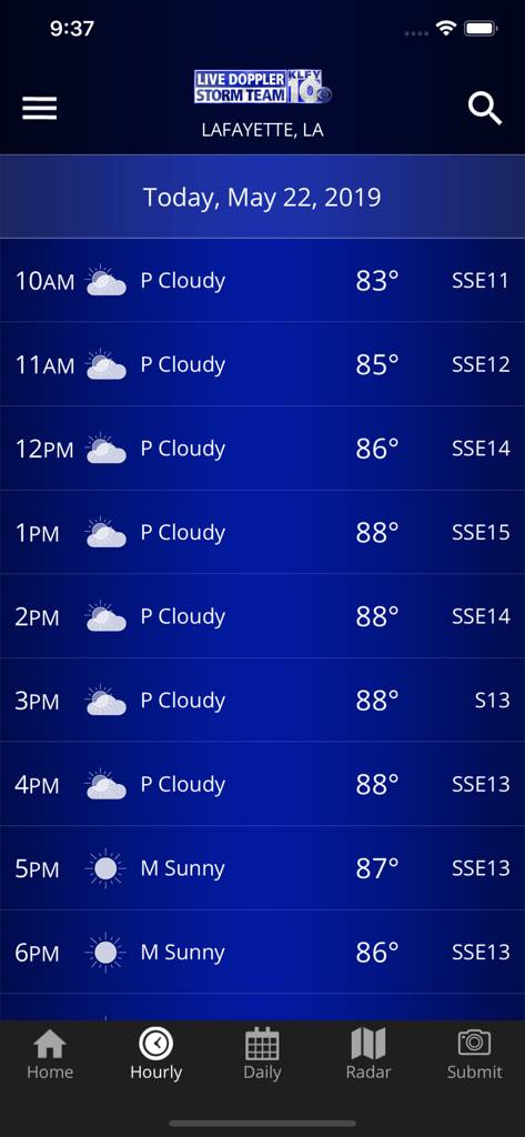 KLFY Forecast First and Radar - KLFY Forecast First app showing an hourly weather forecast for Lafayette, Louisiana, with temperatures ranging from 83 to 88 degrees.