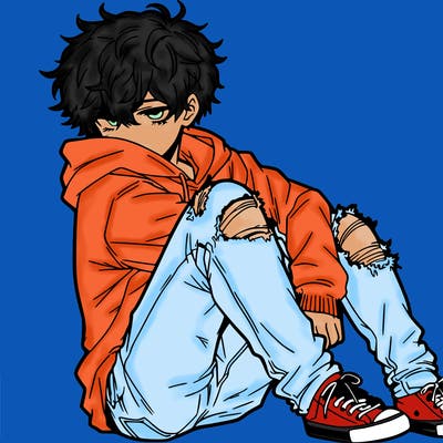 a male hoddie ripped jeans messy hair anime