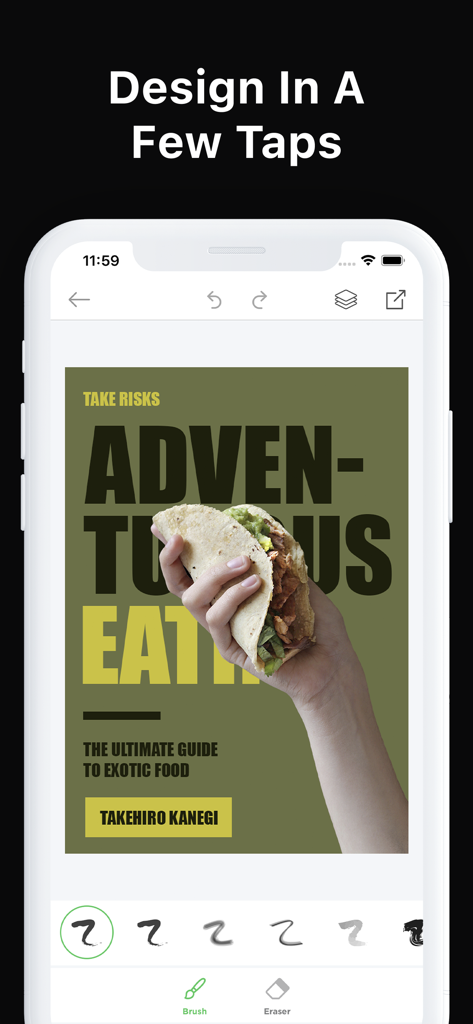 Poster Maker + Flyer Creator - Interfaz de la aplicación Poster Maker que muestra un diseño de flyer de comida con una mano sosteniendo un taco y pinceles en la parte inferior.