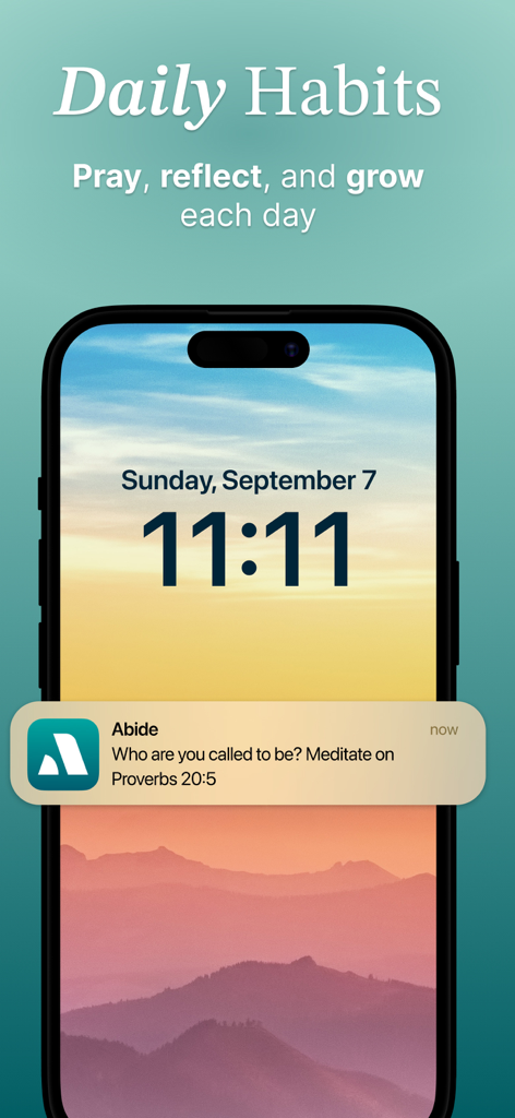 Abide: Bible Prayer Meditation - Notificación de la aplicación Abide en la pantalla de bloqueo de un iPhone que sugiere una meditación diaria sobre Proverbios 20:5
