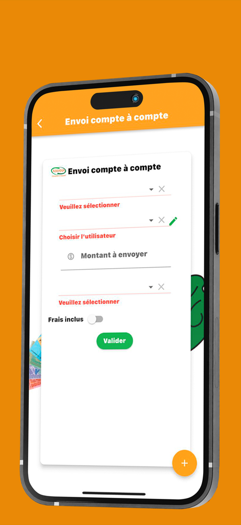 AmanaTa Transfert - Écran de transfert d'argent de compte à compte de l'application mobile AmanaTa, montrant les champs du montant et du destinataire.