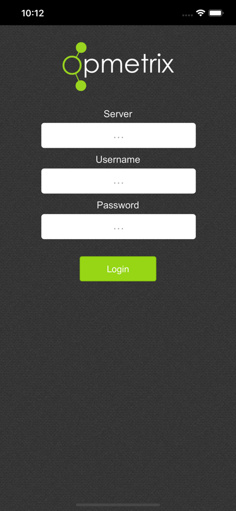 Opmetrix - Schermata di accesso dell'app mobile Opmetrix per professionisti delle vendite sul campo che mostra i campi nome utente e password del server.
