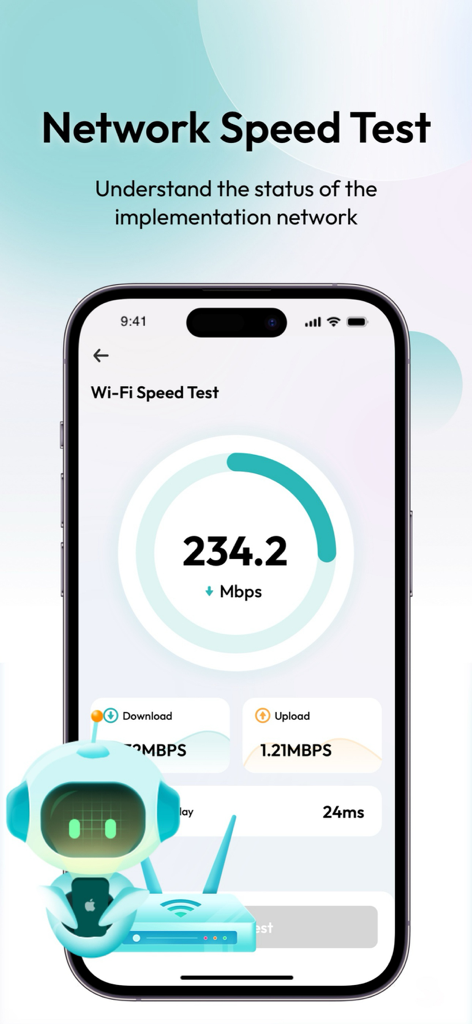 ロボットのマスコットと共にダウンロード速度とアップロード速度が表示されている、電話クリーナーアプリ内のネットワークスピードテスト画面。