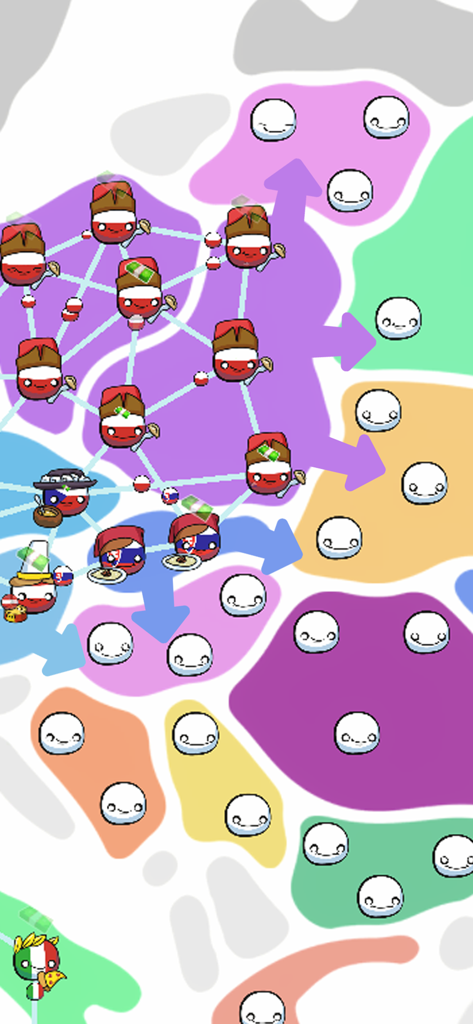 A colorful strategy map showing country ball characters connecting to new territories