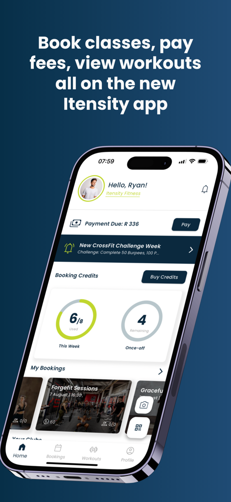 Itensity - Panel de la aplicación de fitness Itensity que muestra las reservas y créditos del usuario