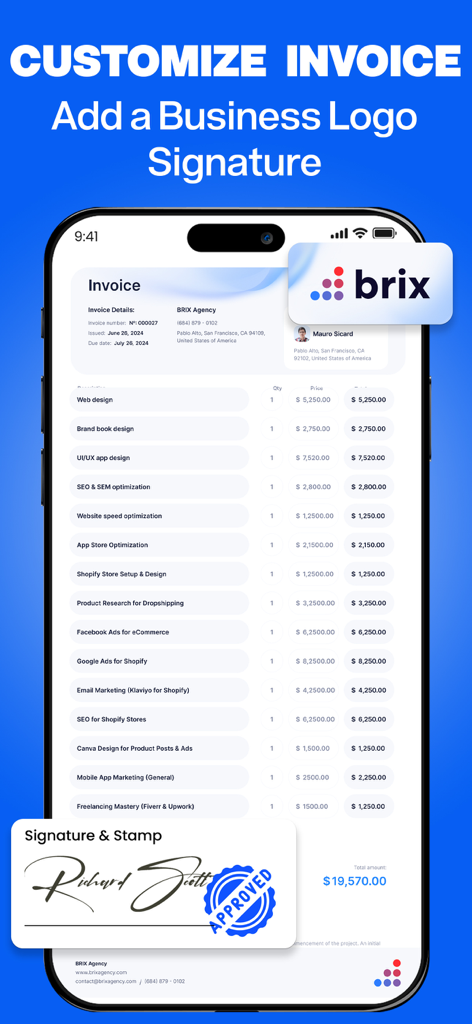 Invoice Creator, Receipt Maker - A mobile app screen showing options to customize an invoice with a business logo and a digital signature.