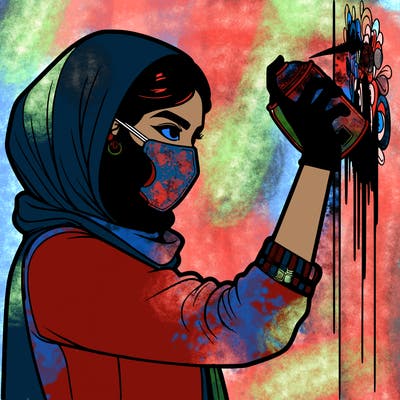 realistic girl with mask spray painting a wall