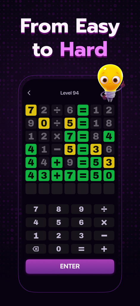 SolveMate: Math Puzzle Game - SolveMateアプリのゲームプレイ画面。色分けされたヒントと段階的な難易度レベルのある数学論理パズルが表示されています。