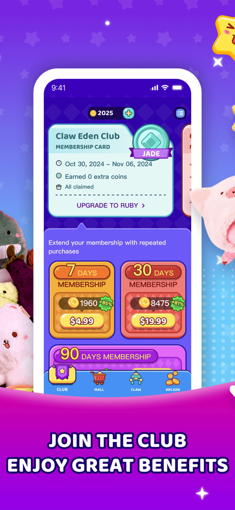 Claw Eden Club membership screen showing Jade level status and subscription pricing options for 7, 30, and 90 days.