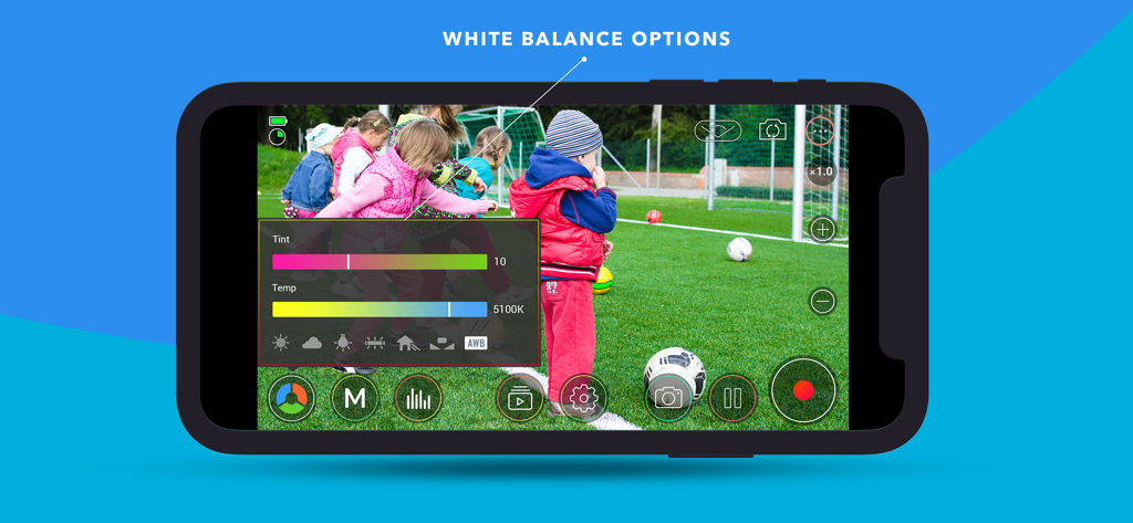 MoviePro video camera interface displaying manual white balance tint and temperature controls.