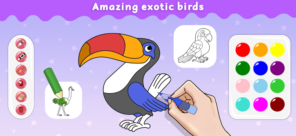 Animal Coloring Games for Kids - Una página para colorear digital de un tucán en la aplicación Juegos de Colorear Animales para Niños