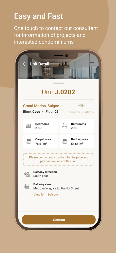 Pantalla de la aplicación Masterise Homes que muestra información detallada de la unidad y un botón de contacto rápido para consultores inmobiliarios