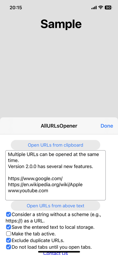 All URLs Opener for Safari - Interface of the All URLs Opener app on iPhone showing options to open multiple links from clipboard or text with custom settings
