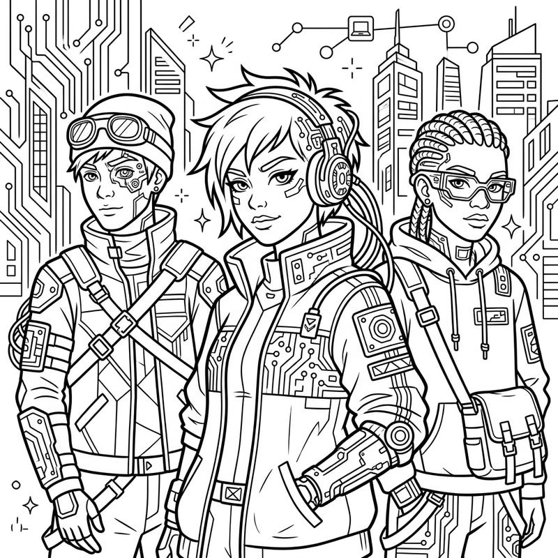 Step into a futuristic world where technology meets youthful rebellion with this dynamic coloring page featuring cyberpunk teenagers. Explore intricate details and edgy designs, ready for your creative touch.