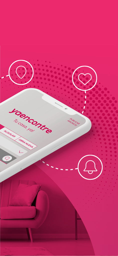 Smartphone displaying yaencontre real estate app with location heart and notification icons on a pink background