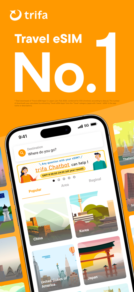 trifa - Travel eSIM Store App - trifa旅行eSIMアプリのホーム画面。日本やアメリカなどの海外旅行先向けデータプランオプションが表示されています。