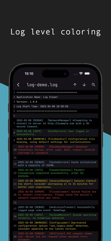 LogViewer - App Log Viewer - Interfaz de una aplicación móvil que muestra niveles de registro codificados por colores, incluyendo mensajes de error, advertencia e información