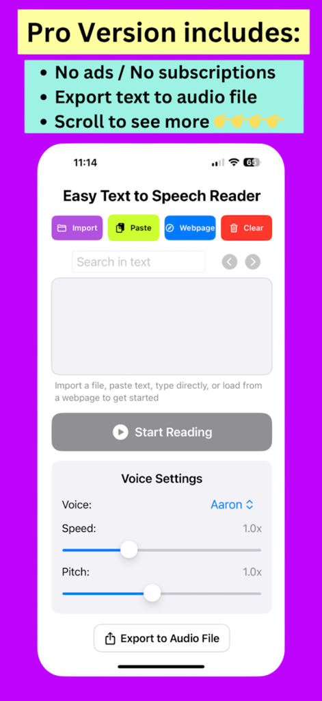 Easy Text to Speech Reader Pro - Interfaz principal de Lector Fácil de Texto a Voz Pro mostrando la selección de voz, controles de velocidad y tono, y el botón de exportación a archivo de audio