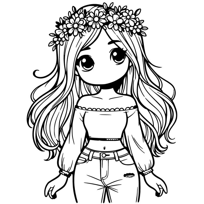 a girl with a flower crown crop top and jeans
