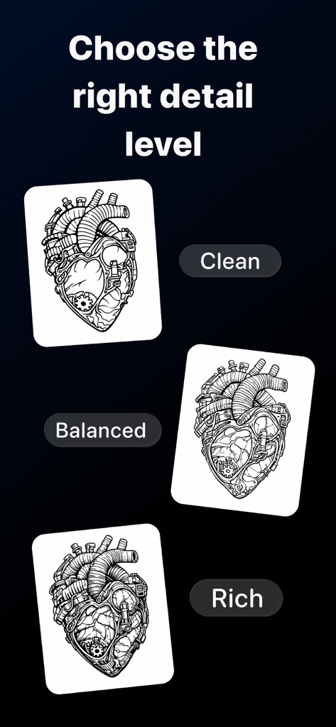 StencilStudio - Tattoo Stencil - Comparison of clean balanced and rich tattoo stencil detail levels for a mechanical heart design
