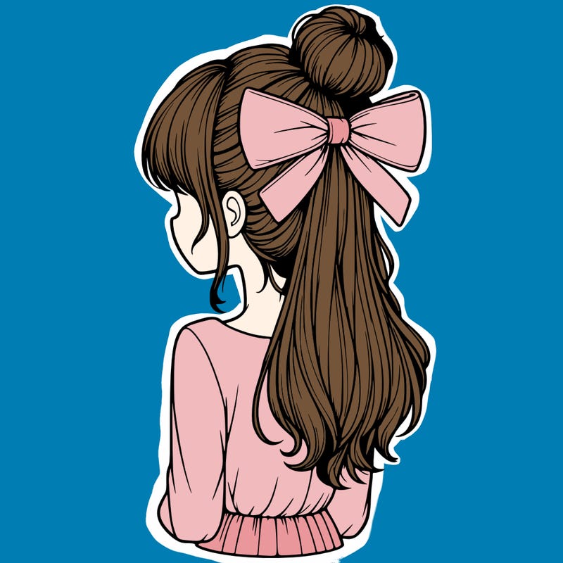realistic girl  with hip length hair a bun and a big bow on the back of head