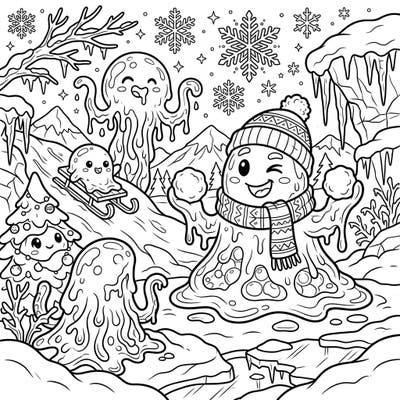 Get ready for a uniquely squishy and frosty adventure with our Slime Monsters Winter Wonderland coloring page. This adorable scene features gooey creatures enjoying snowy fun, from building snowmen to sledding down hills.