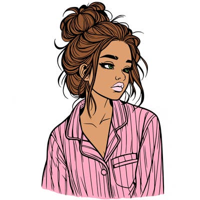 realistic woman with pajamas on and a messy bun