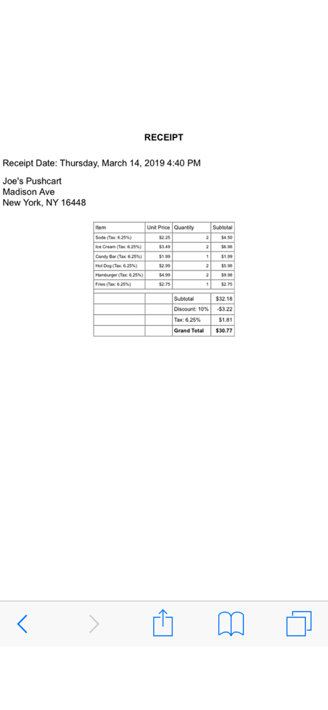 A digital receipt from the Cash Register Express app showing items sold unit prices and grand total for a food vendor