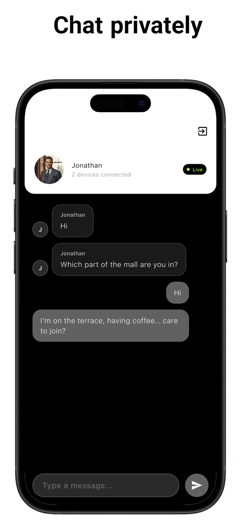 Near: P2P Social Network - Una captura de pantalla de la aplicación Near que muestra una interfaz de chat privado entre dos usuarios en proximidad cercana.