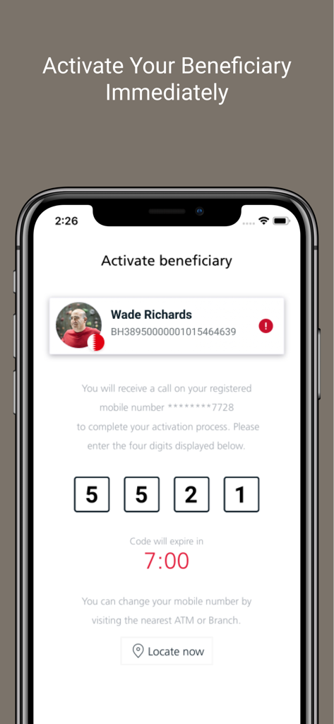 Enjaz App screen for activating a new beneficiary with a four digit verification code