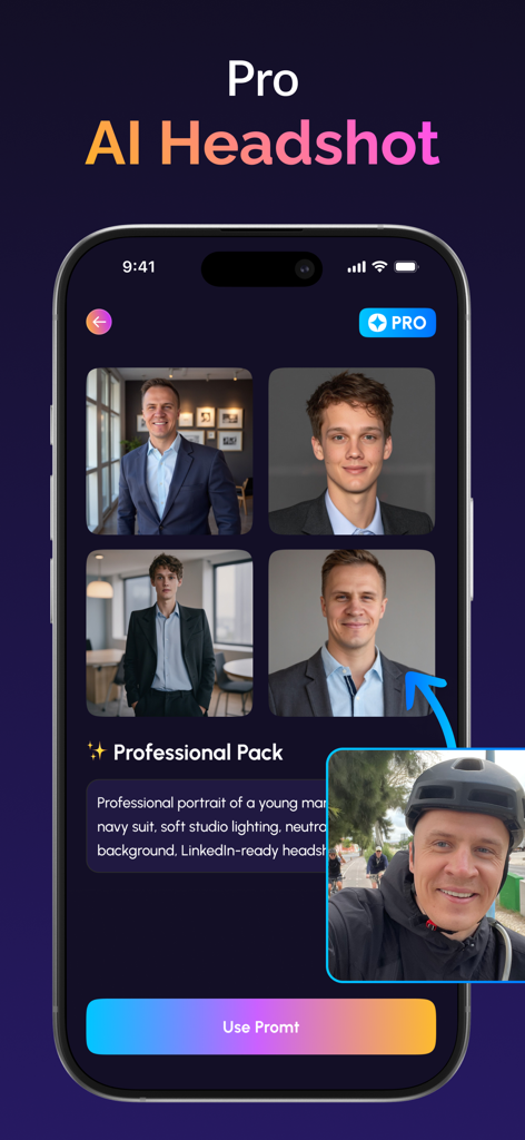 AI Photo - Headshot Generator - Pantalla de una app de fotos con IA que muestra un selfie casual convertido en retratos profesionales