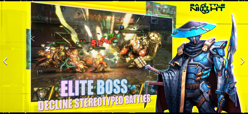 Battle Night - Ein Team von Cyberpunk-Helden kämpft gegen einen großen mechanischen Elite-Boss in einer regnerischen Neonstadt.
