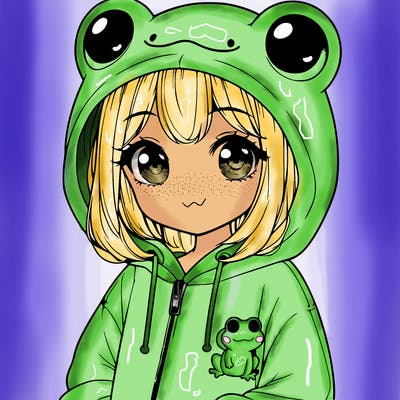 cute realistic girl in a froggy hoodie