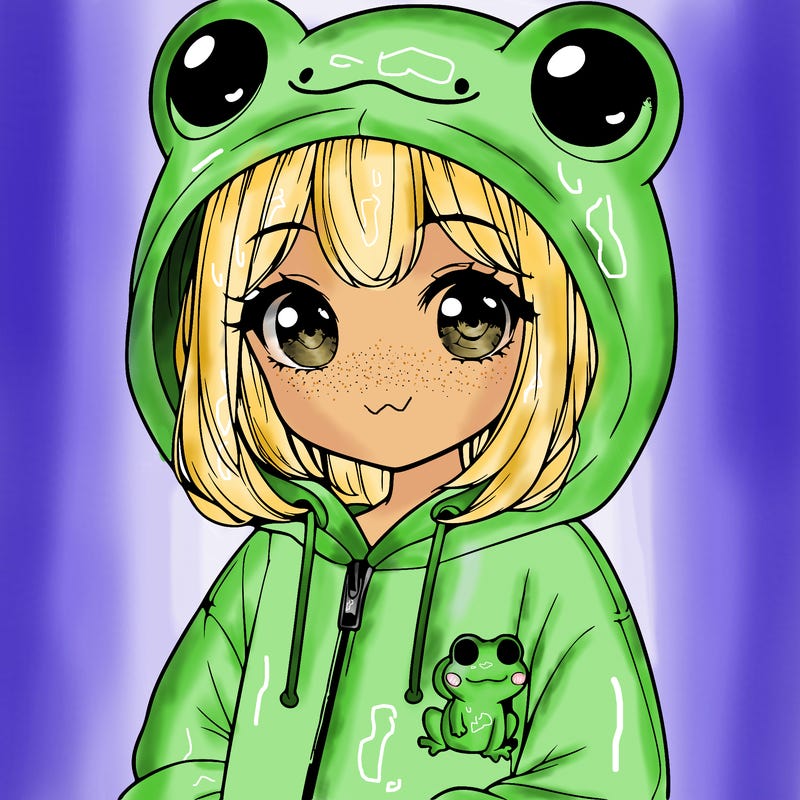 cute realistic girl in a froggy hoodie