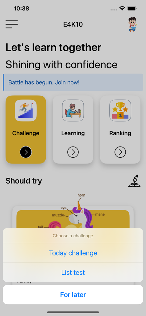 Duo ABC - Duo ABC app main menu showing challenge learning and ranking options for tenth grade English students