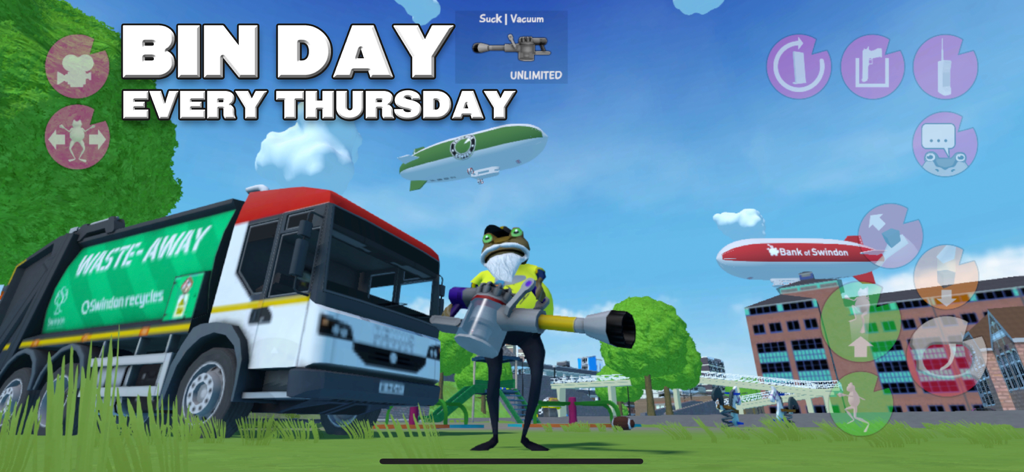 Amazing Frog? - A frog character holding a vacuum gun next to a waste disposal truck