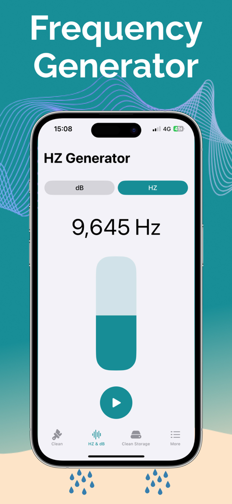 Clear Wave app frequency generator interface showing a HZ meter on a smartphone screen