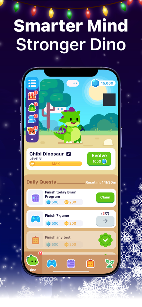 BRAIN101: Brain Training Games - Interface do aplicativo BRAIN101 mostrando um companheiro dinossauro verde e uma lista de missões diárias de treinamento cerebral.