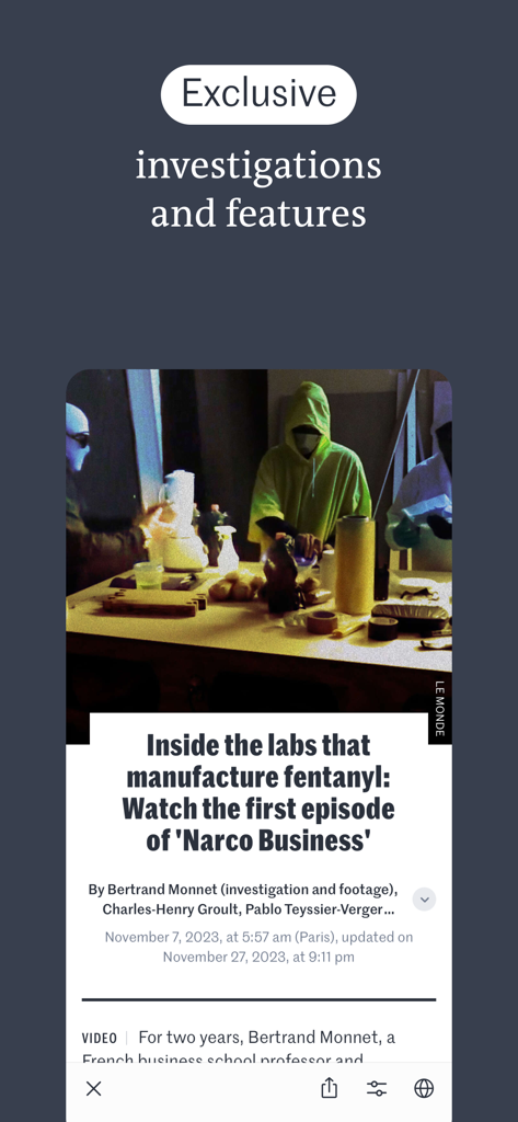 Le Mondeアプリから、フェンタニル製造ラボに関する独占調査レポート「ナルコ・ビジネス」を紹介するスクリーンショット。