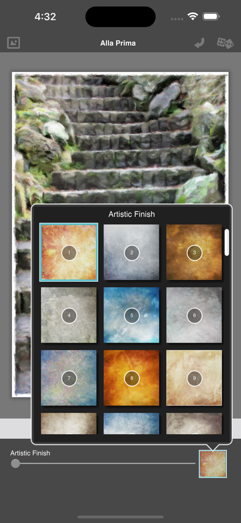 Artista Impresso - Interfaz de la aplicación Artista Impresso mostrando una cuadrícula de opciones de textura de acabado artístico sobre una pintura impresionista de escaleras de piedra