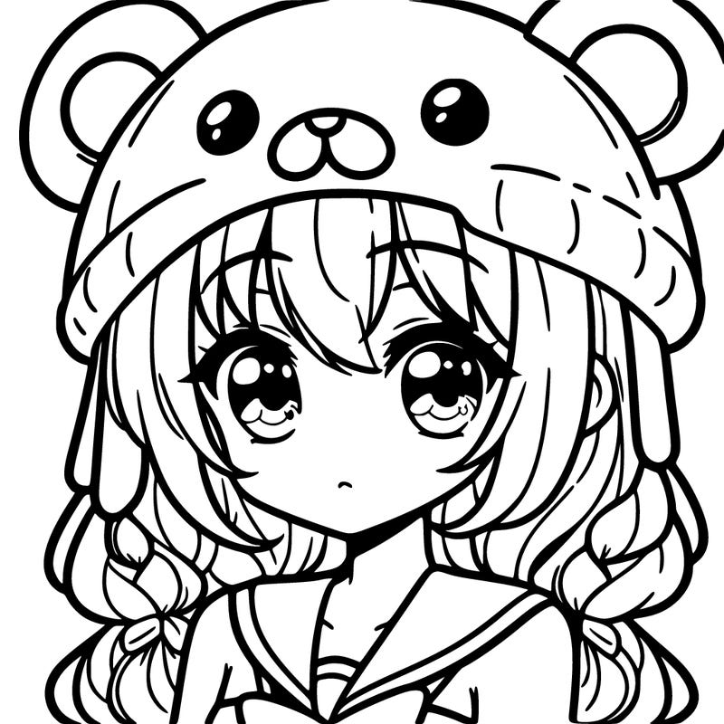 cute anime girl wearing bear hat